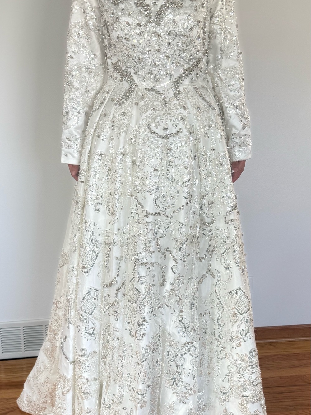Elegant Ivory Beaded Long-Sleeve Wedding Dress